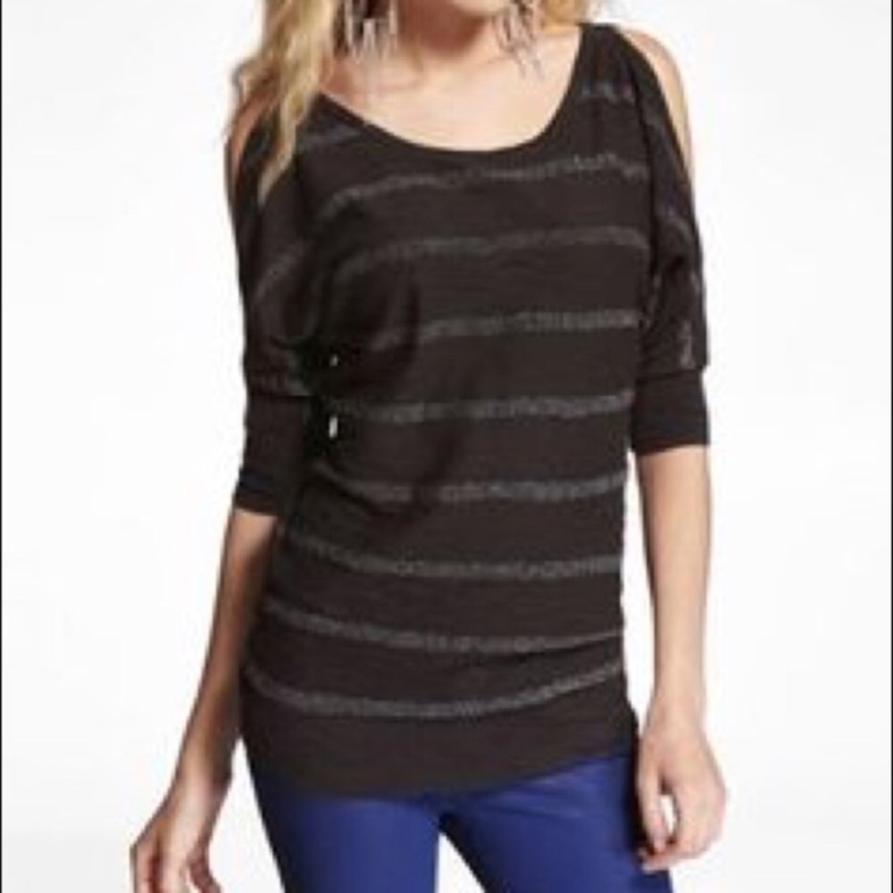 Express Metallic Stripe Cold Shoulder Sweater-XS
